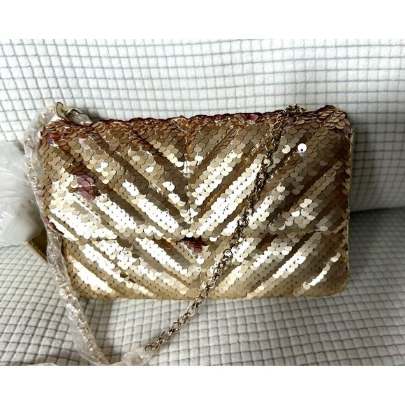 2- Nicole Miller handbags with Straps, 1-Gold Sequined, 1-White/Brown, NWT - Picture 6 of 9